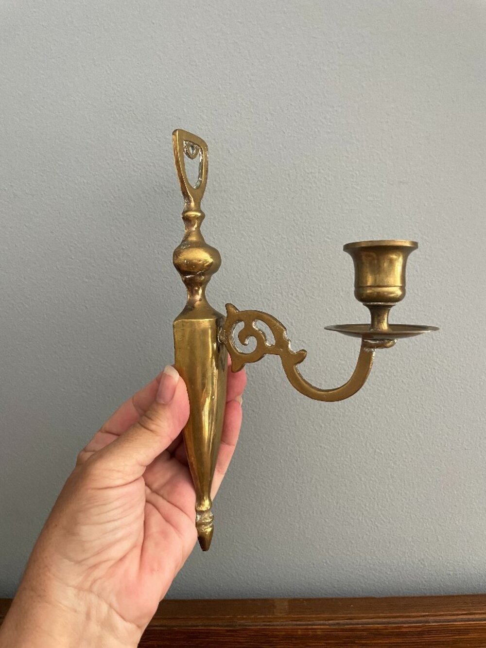 Pair Brass Wall Sconce Single Candle Holder Ornate Slender 9.25" Tall